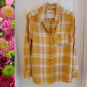 Mossimo Mustard Yellow Ivory & Grey Plaid Flannel